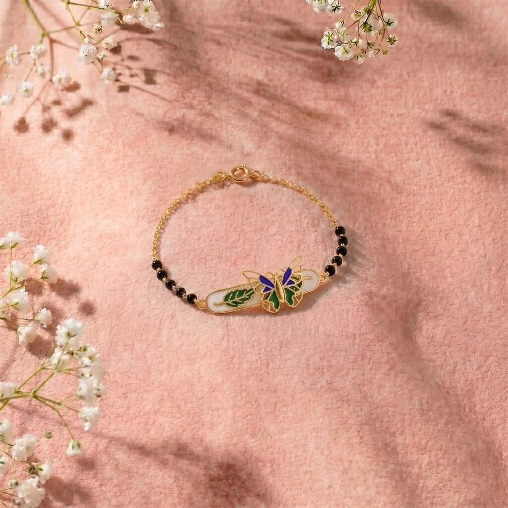 Tiny Wings Adventure - Kids Gold Bracelet | Tinyfacets | butterfly and leaf bracelet gold design