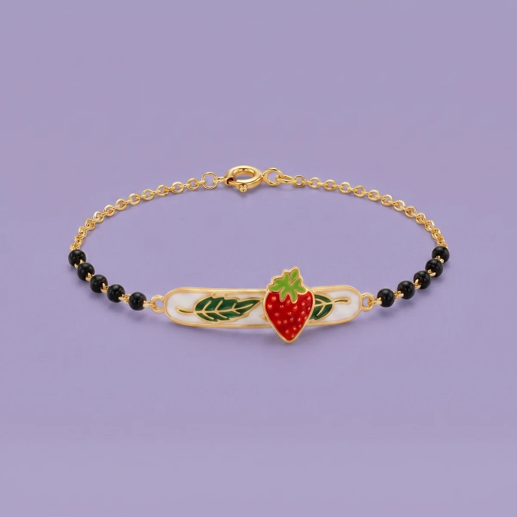 Little Strawberry Garden - Kids Gold Bracelet | Tinyfacets | strawberry kids gold bracelet with black beads