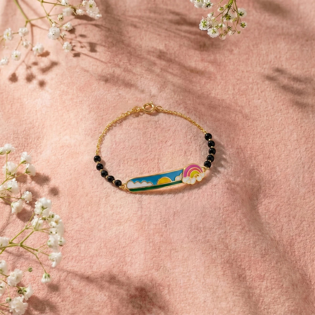 Dancing Rainbow Delight Kids Gold Bracelet | Tinyfacets | playful rainbow themed bracelet for children