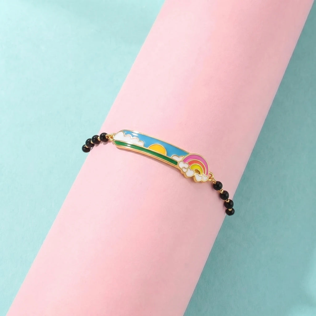 Dancing Rainbow Delight Kids Gold Bracelet | Tinyfacets | colorful kids bracelet with cloud and rainbow charm