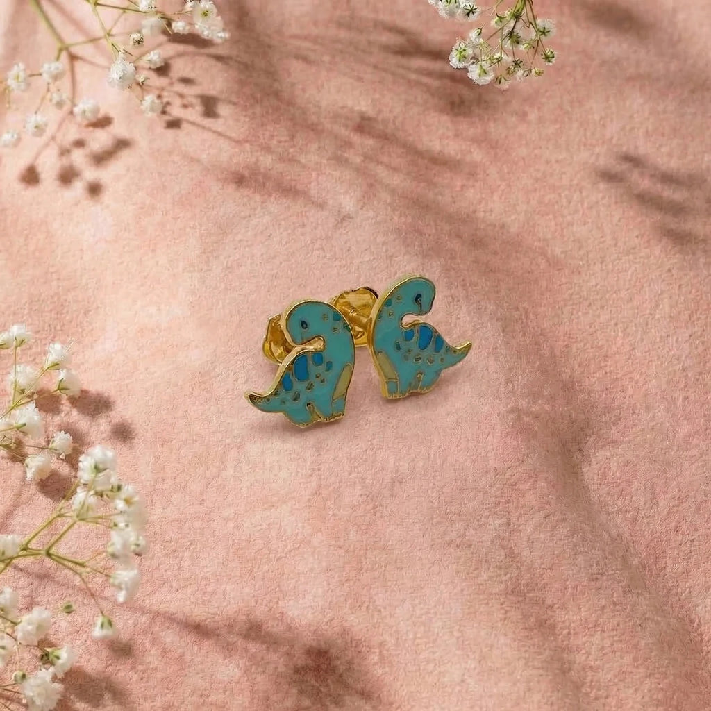 Little Dino Buddy Kids Gold Earrings | Tinyfacets | everyday little dino buddy kids gold earrings wear