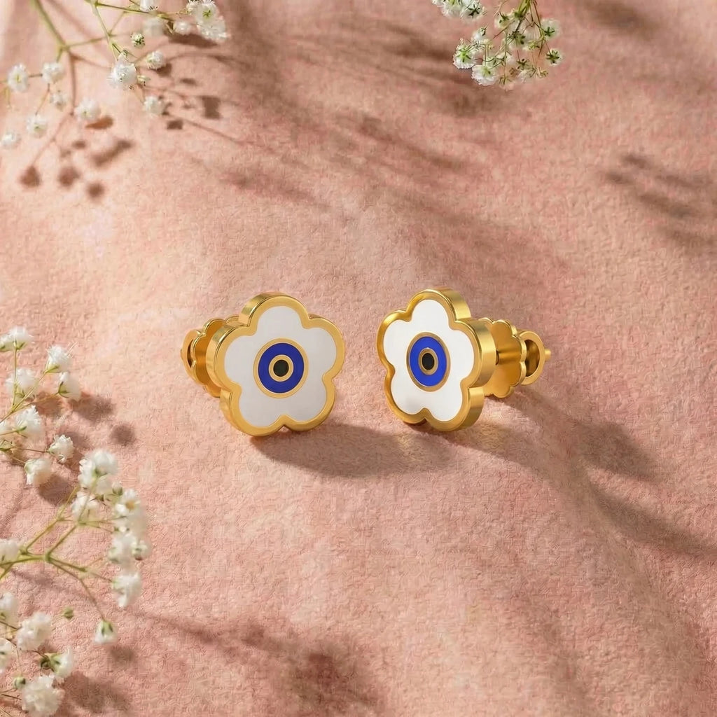 Evil Eye Charm Gold Studs | Tinyfacets | minimal evil eye charm gold studs style