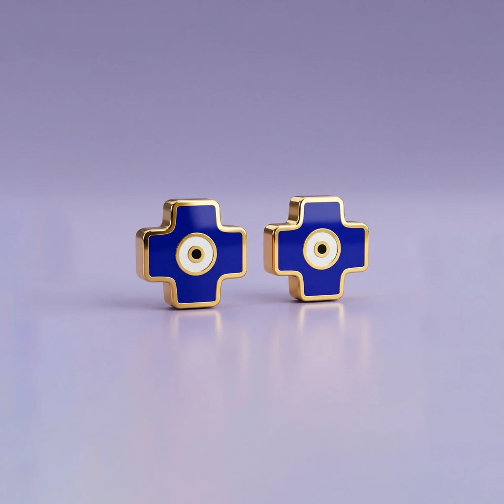 Blue Evil Eye Cross Stud Earrings | Tinyfacets | blue evil eye cross stud earrings
