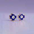 Blue Evil Eye Cross Stud Earrings | Tinyfacets | blue evil eye cross stud earrings