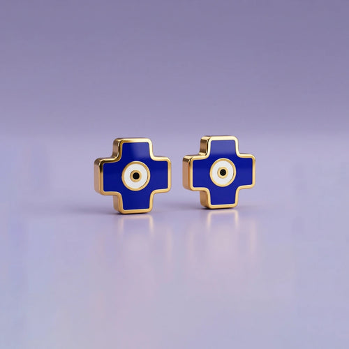 Blue Evil Eye Cross Stud Earrings | Tinyfacets | blue evil eye cross stud earrings