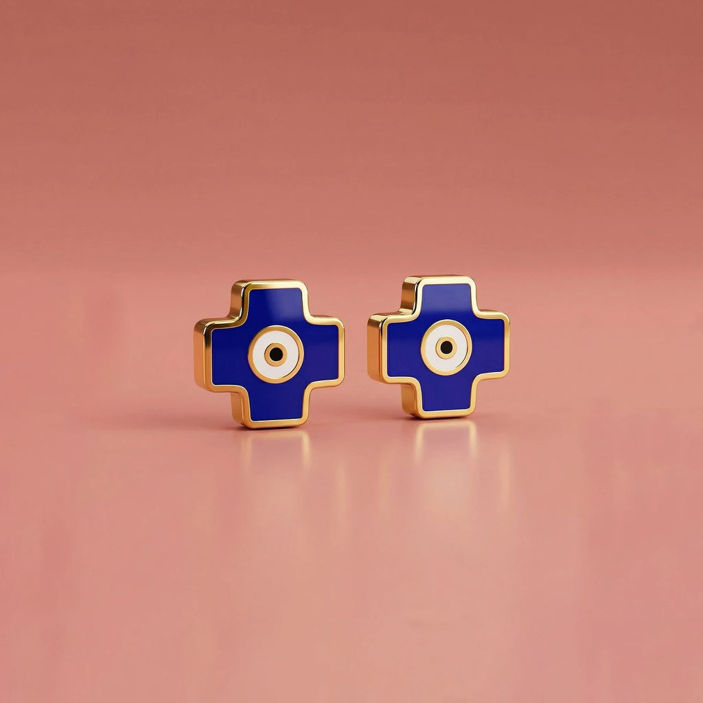 Blue Evil Eye Cross Stud Earrings | Tinyfacets | cute blue evil eye cross stud earrings design