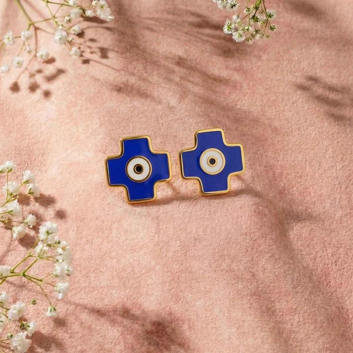 Blue Evil Eye Cross Stud Earrings | Tinyfacets | minimal blue evil eye cross stud earrings style