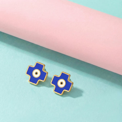 Blue Evil Eye Cross Stud Earrings | Tinyfacets | everyday blue evil eye cross stud earrings wear