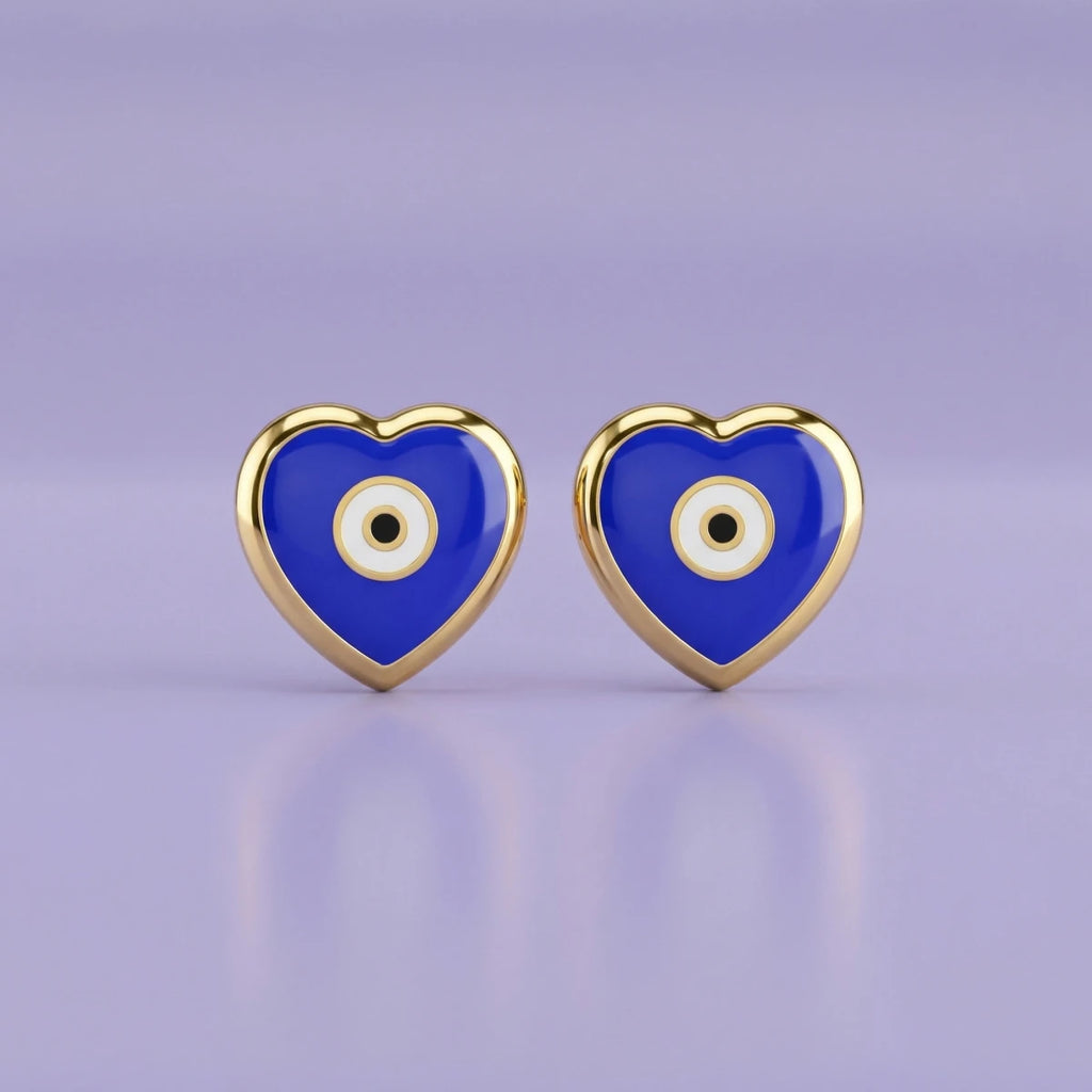 Blue Evil Eye Heart Gold Stud Earrings | Tinyfacets | blue evil eye heart gold stud earrings