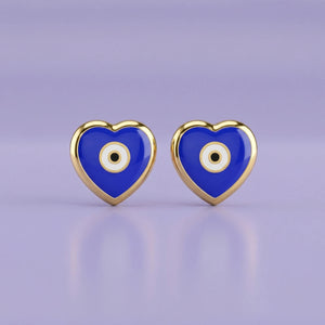 Blue Heart Evil Eye Gold Stud Earrings