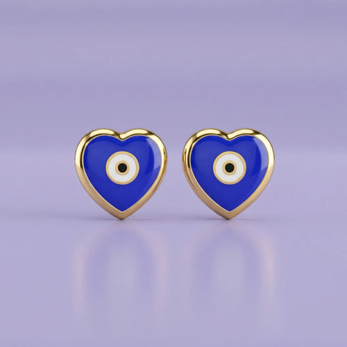 Blue Evil Eye Heart Gold Stud Earrings | Tinyfacets | blue evil eye heart gold stud earrings