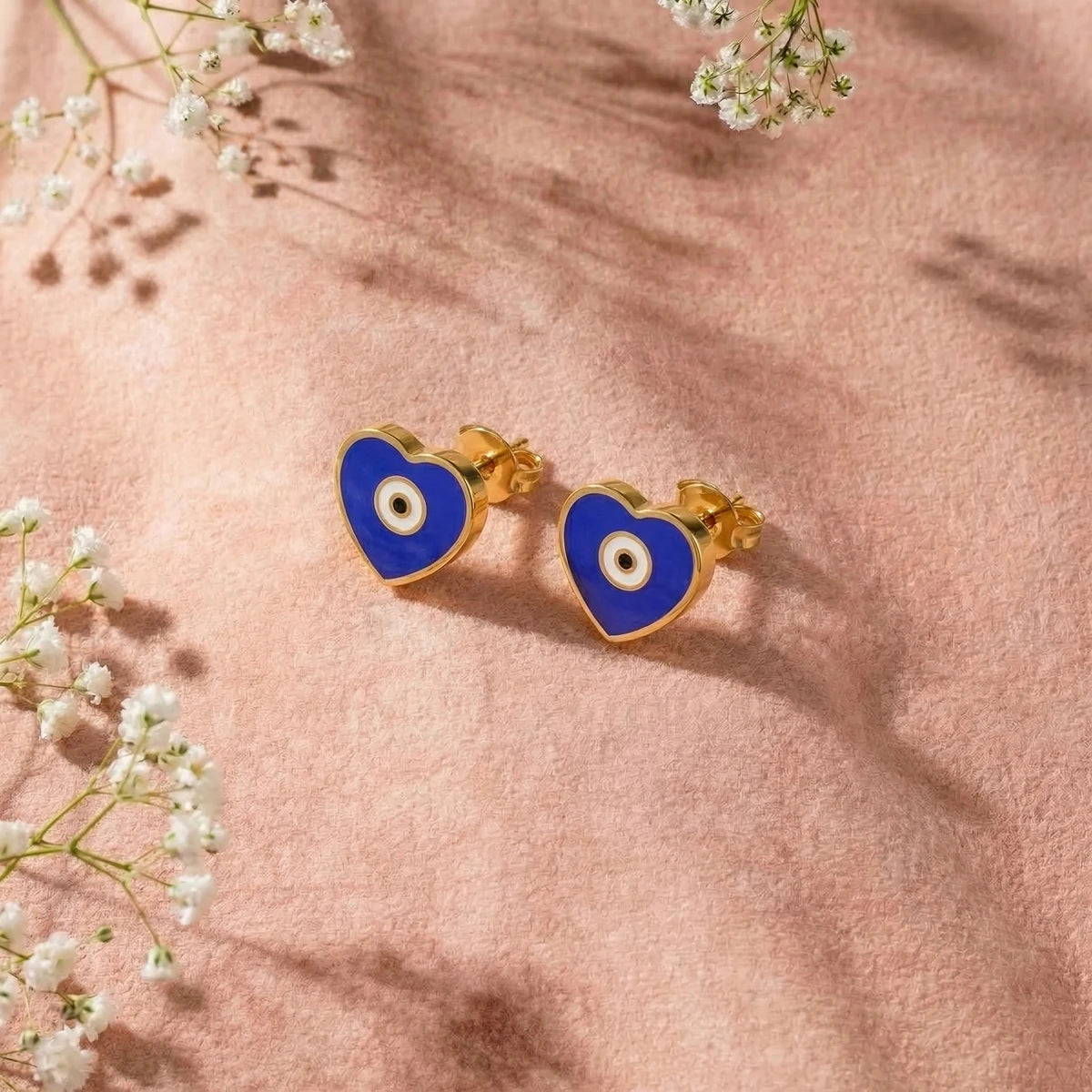 Blue Evil Eye Heart Gold Stud Earrings | Tinyfacets | minimal blue evil eye heart gold stud earrings style