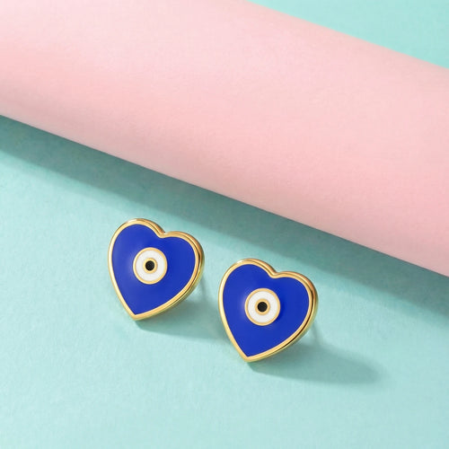 Blue Evil Eye Heart Gold Stud Earrings | Tinyfacets | everyday blue evil eye heart gold stud earrings wear