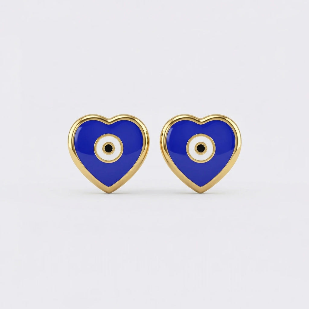 Blue Evil Eye Heart Gold Stud Earrings | Tinyfacets | gold blue evil eye heart gold stud earrings jewelry