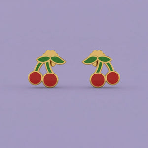 Double Cherry Gold Stud Earrings for Girls
