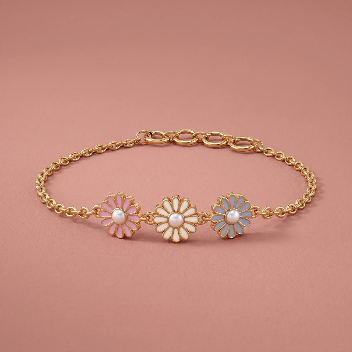 Little Bloom Pastel Daisy Gold Bracelet | Tinyfacets | flower charm bracelet gold design