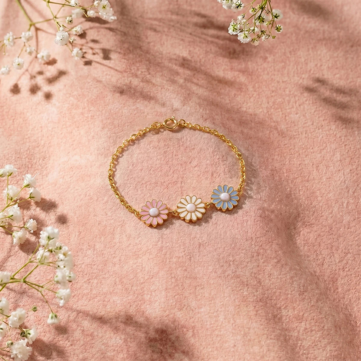 Little Bloom Pastel Daisy Gold Bracelet | Tinyfacets | floral gold bracelet pastel tones