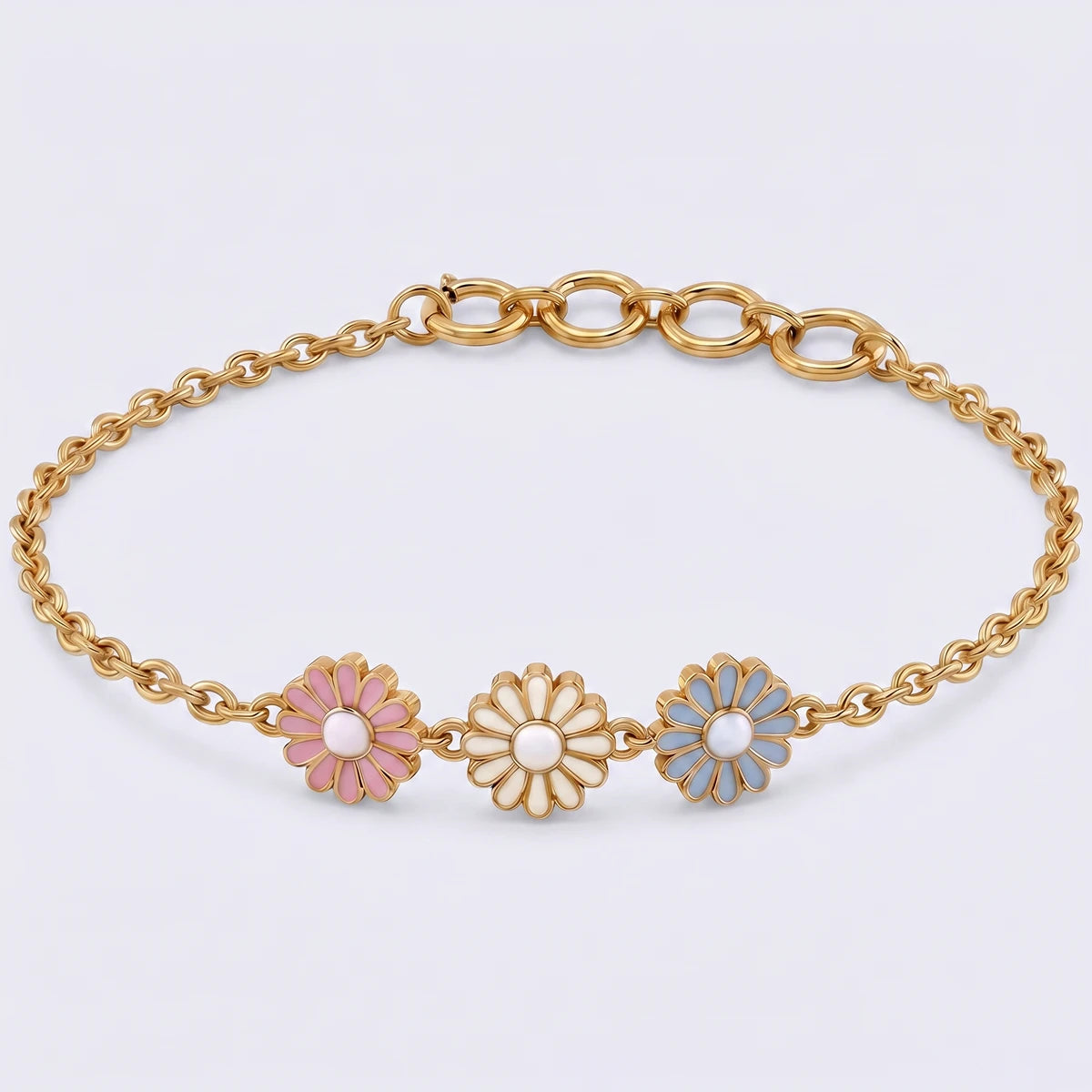 Little Bloom Pastel Daisy Gold Bracelet | Tinyfacets | cute daisy bracelet everyday wear