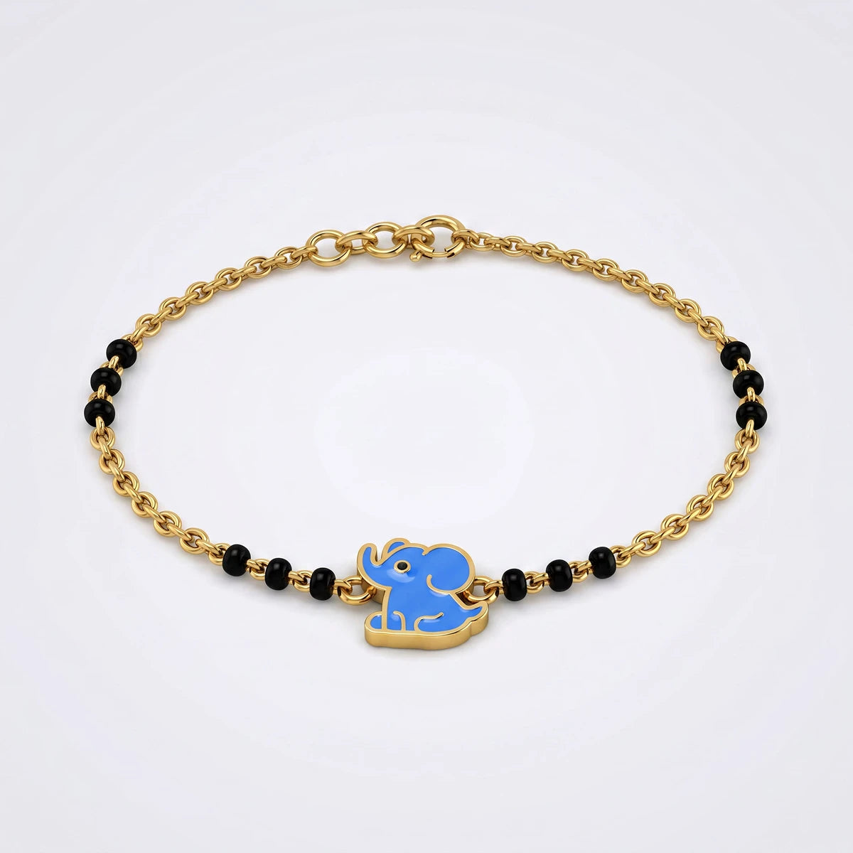 Tiny Blue Elephant Nazariya Bracelet | Tinyfacets | gold nazariya bracelet with blue elephant charm