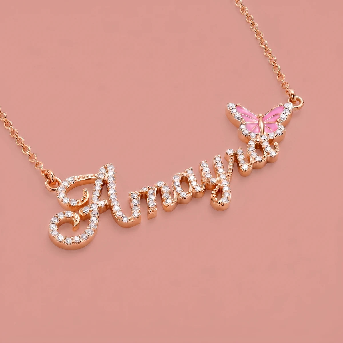 Butterfly Name Necklace in Rose Gold Finish | Tinyfacets | custom rose gold name pendant with butterfly charm