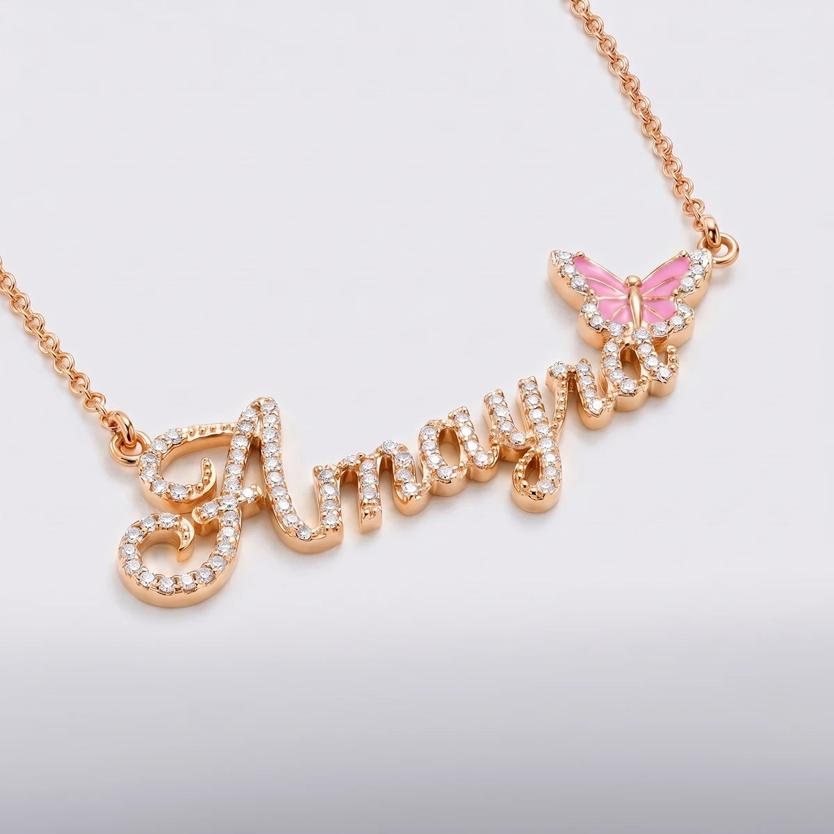 Butterfly Name Necklace in Rose Gold Finish | Tinyfacets | sparkling butterfly name necklace jewelry