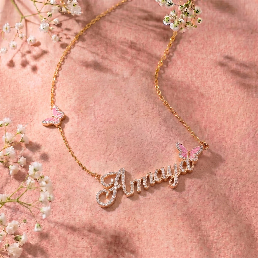 Butterfly Name Necklace in Rose Gold Finish | Tinyfacets | personalized name necklace with pink butterfly