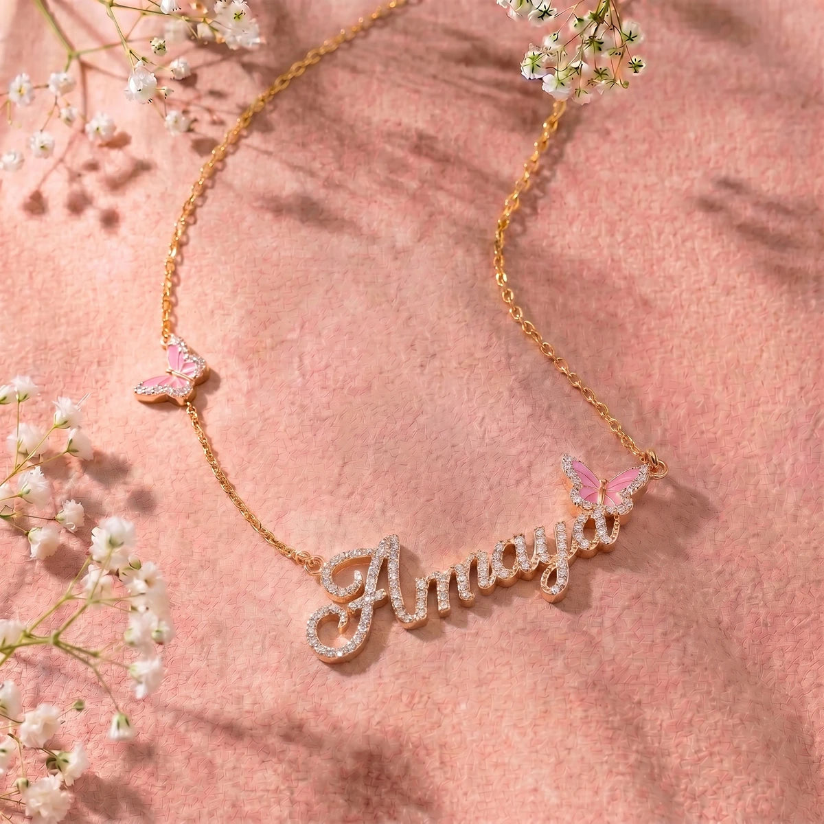 Butterfly Name Necklace in Rose Gold Finish | Tinyfacets | personalized name necklace with pink butterfly