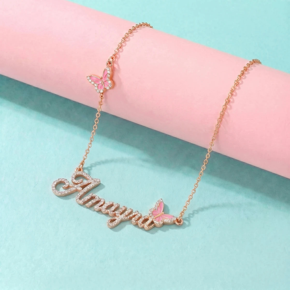 Butterfly Name Necklace in Rose Gold Finish | Tinyfacets | elegant rose gold custom name necklace