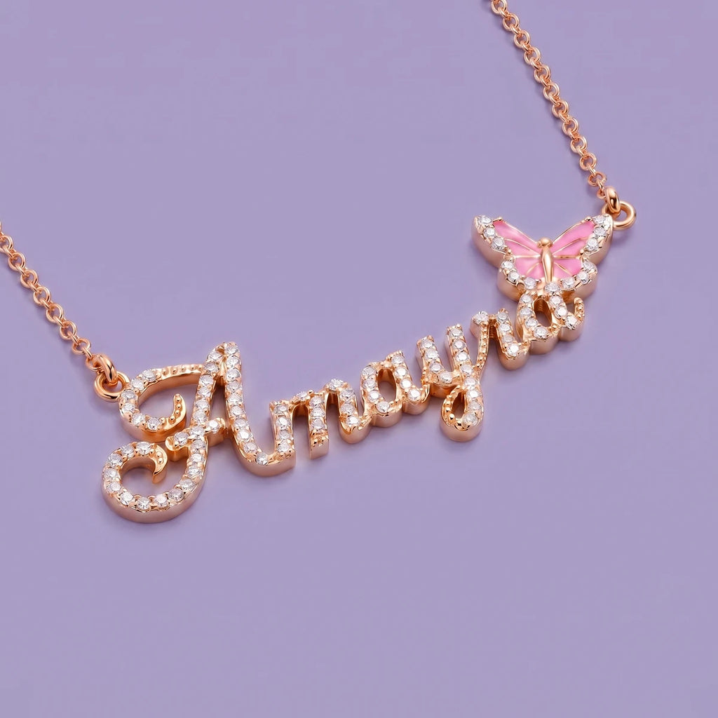 Butterfly Name Necklace in Rose Gold Finish | Tinyfacets | personalized butterfly name necklace rose gold