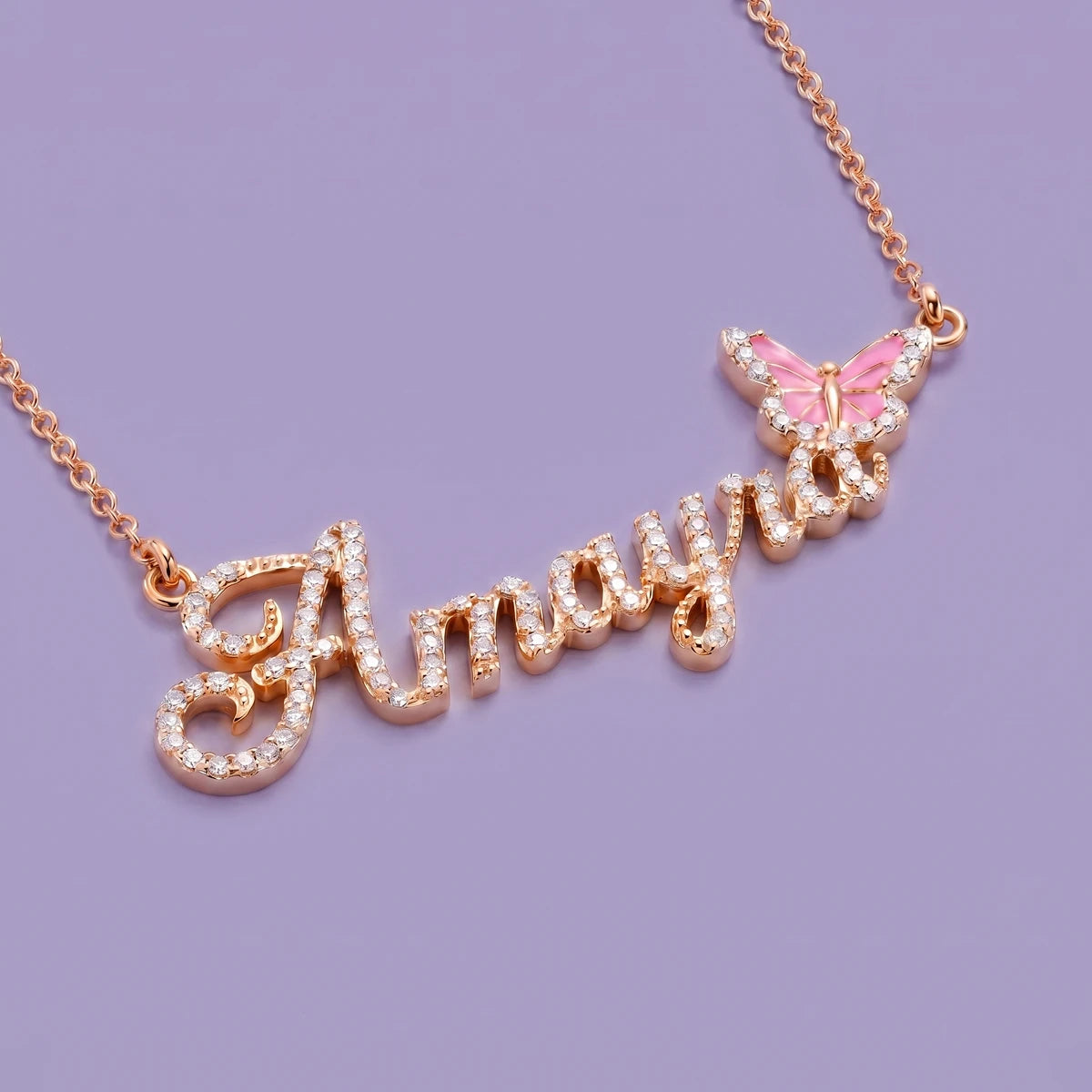 Butterfly Name Necklace in Rose Gold Finish | Tinyfacets | personalized butterfly name necklace rose gold