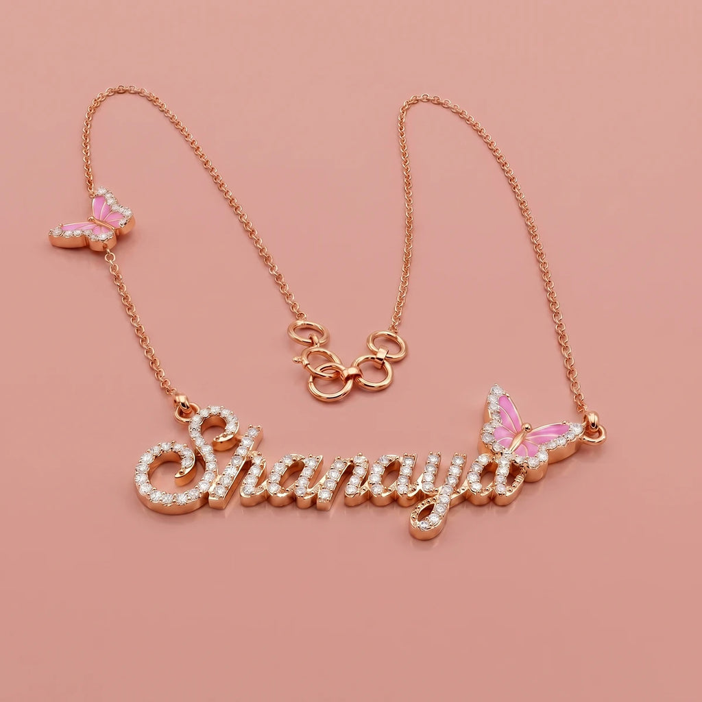 Butterfly Name Necklace in Rose Gold Finish | Tinyfacets | custom rose gold name pendant with butterfly charm