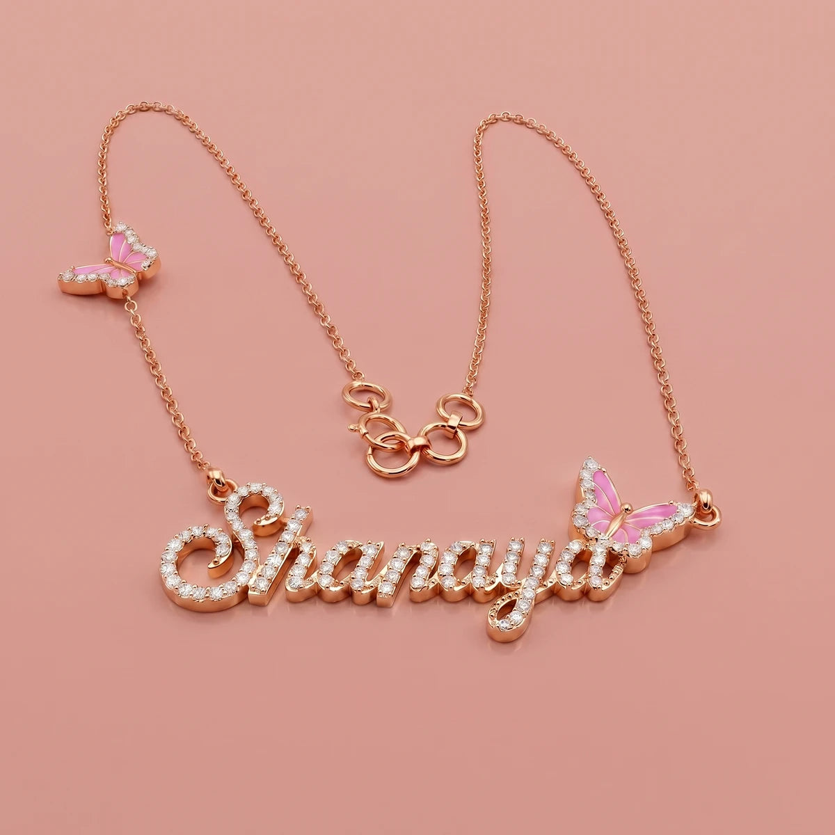 Butterfly Name Necklace in Rose Gold Finish | Tinyfacets | custom rose gold name pendant with butterfly charm