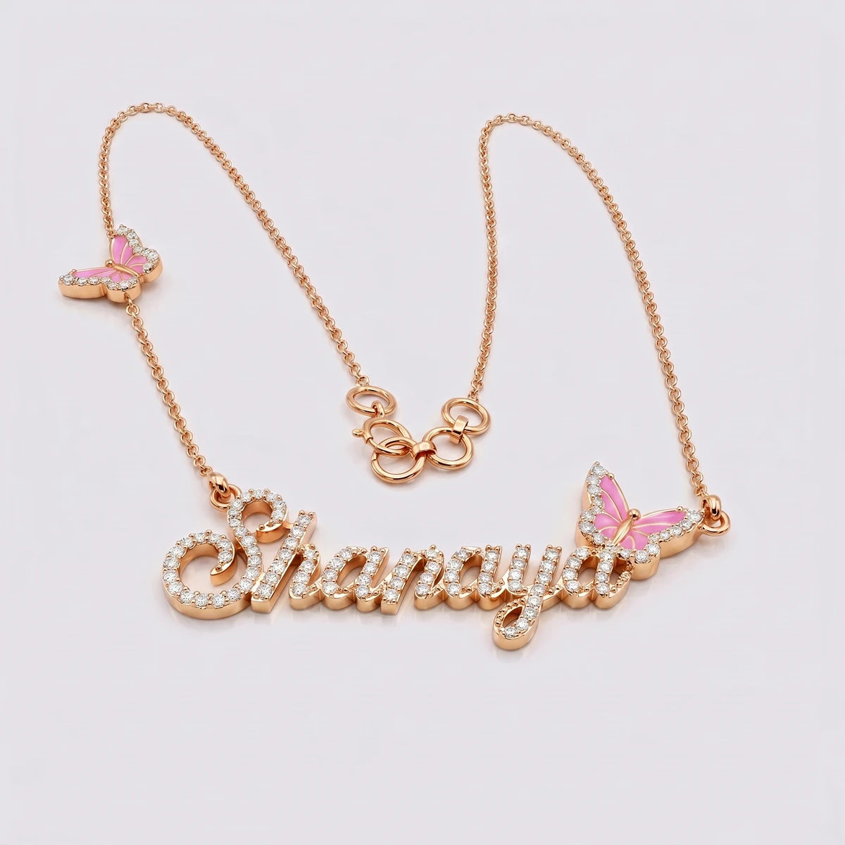 Butterfly Name Necklace in Rose Gold Finish | Tinyfacets | sparkling butterfly name necklace jewelry