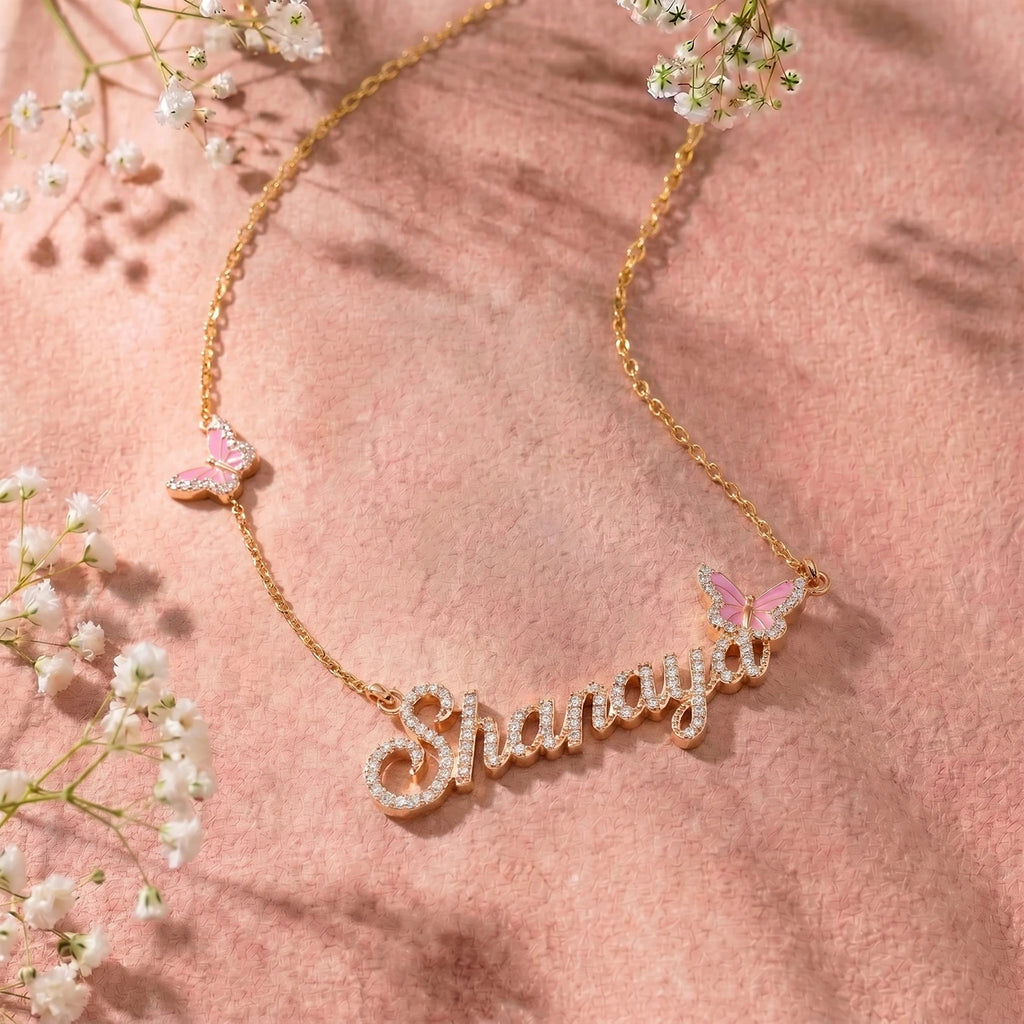 Butterfly Name Necklace in Rose Gold Finish | Tinyfacets | elegant personalized name necklace rose gold
