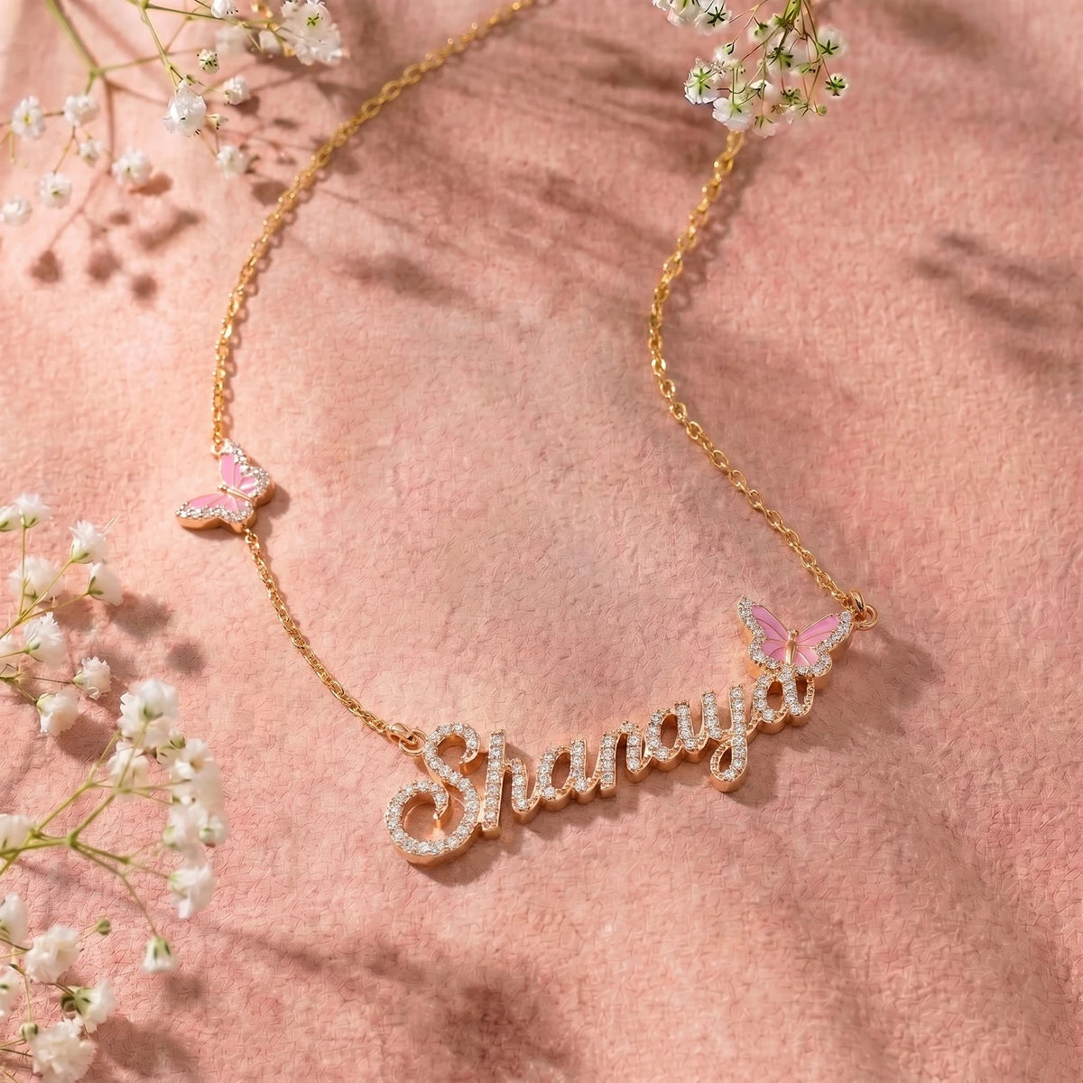 Butterfly Name Necklace in Rose Gold Finish | Tinyfacets | elegant personalized name necklace rose gold