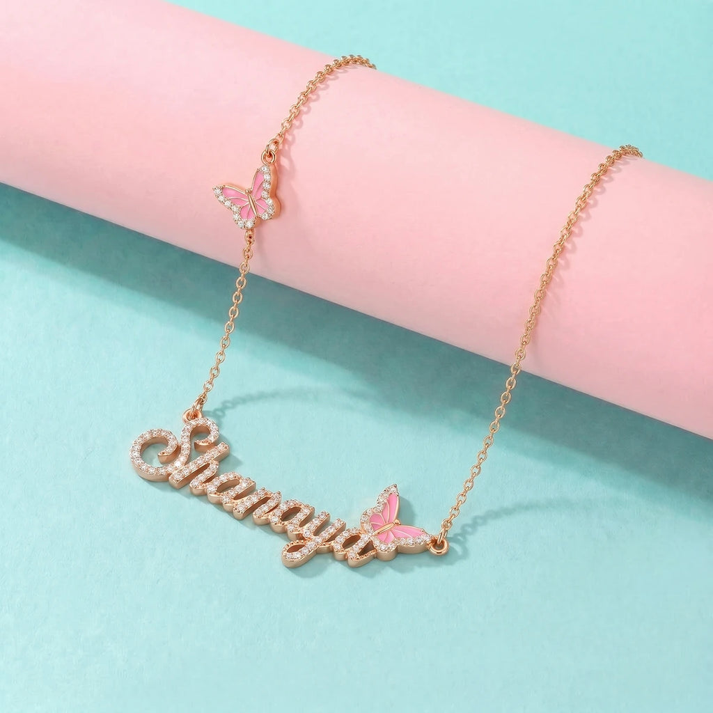 Butterfly Name Necklace in Rose Gold Finish | Tinyfacets | butterfly charm custom necklace for girls