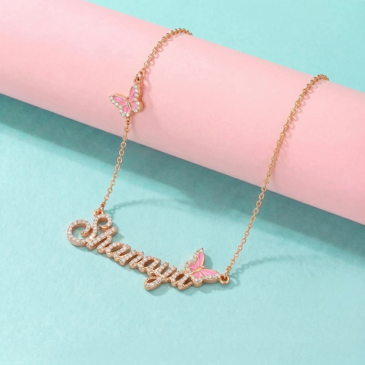 Butterfly Name Necklace in Rose Gold Finish | Tinyfacets | butterfly charm custom necklace for girls