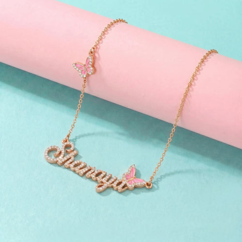 Butterfly Name Necklace in Rose Gold Finish | Tinyfacets | butterfly charm custom necklace for girls
