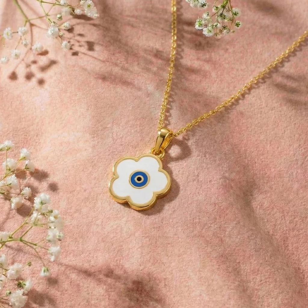 Evil Eye Blossom Gold Pendant | Tinyfacets | everyday evil eye blossom gold pendant wear