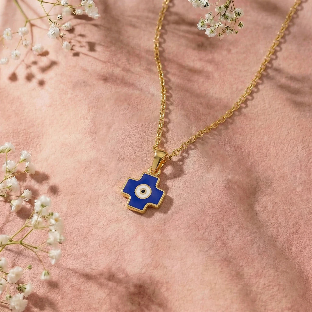 Blue Evil Eye Cross Gold Pendant | Tinyfacets | minimal blue evil eye cross gold pendant style