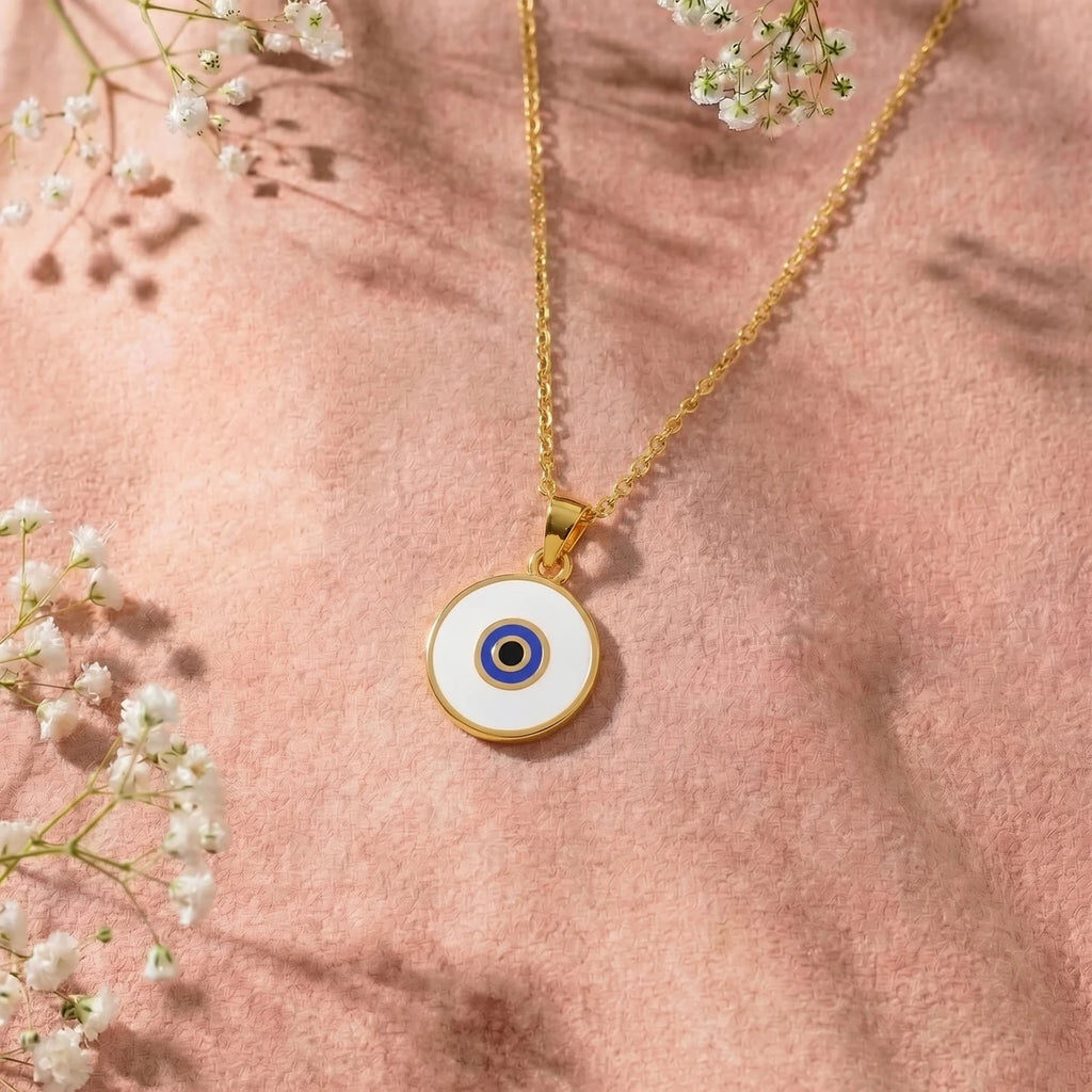 Classic Evil Eye Disc Gold Pendant | Tinyfacets | minimal classic evil eye disc gold pendant style