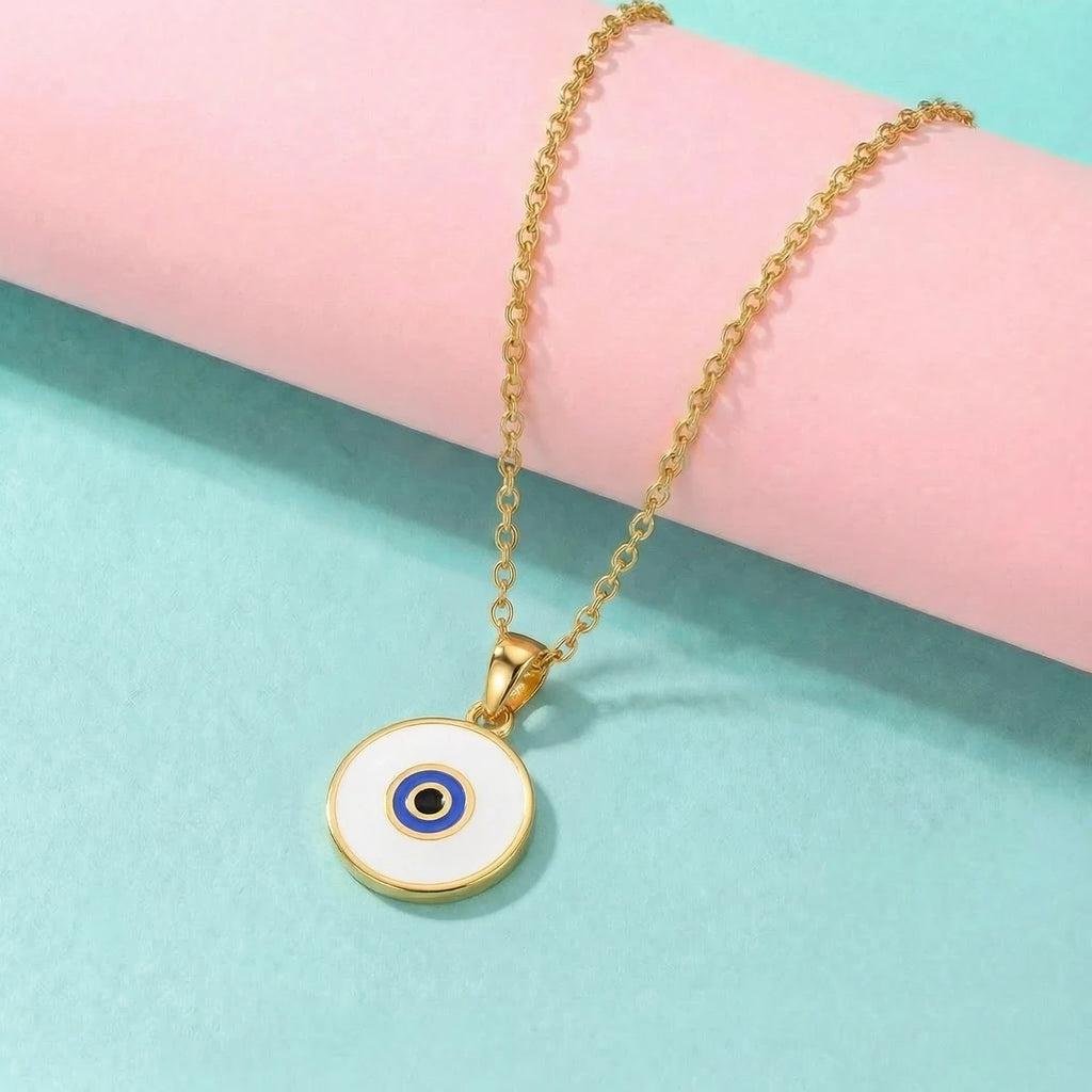 Classic Evil Eye Disc Gold Pendant | Tinyfacets | everyday classic evil eye disc gold pendant wear