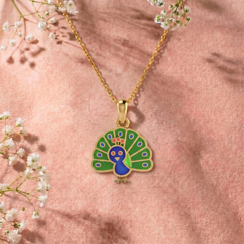 Little Peacock Charm Gold Pendant | Tinyfacets | peacock necklace elegant gold