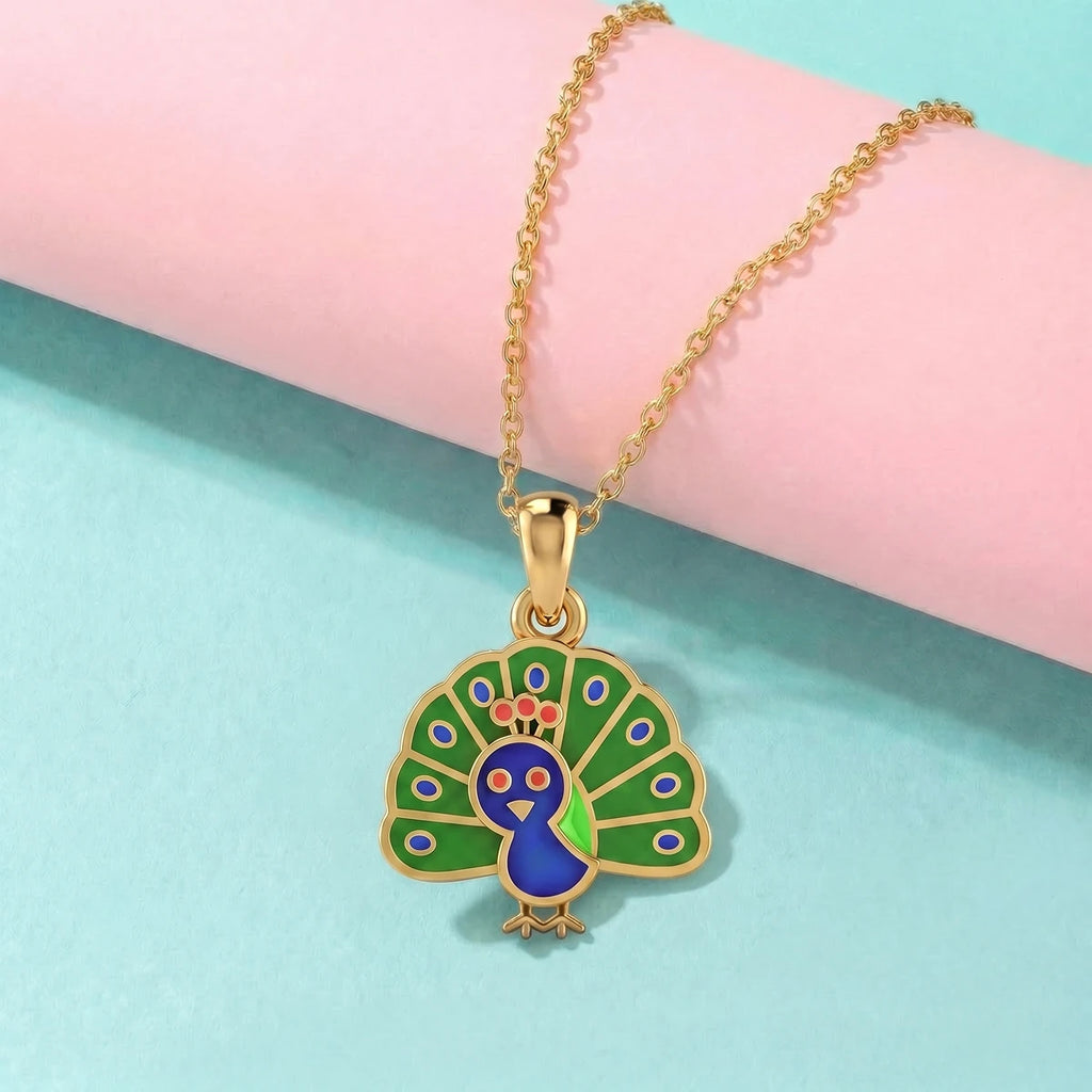 Little Peacock Charm Gold Pendant | Tinyfacets | colorful enamel peacock pendant