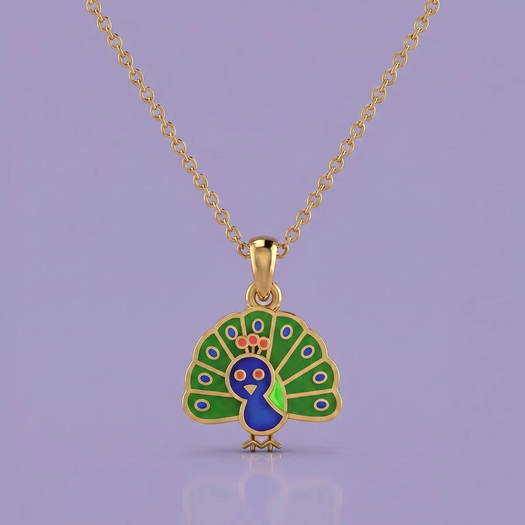 Little Peacock Charm Gold Pendant | Tinyfacets | peacock gold pendant colorful design