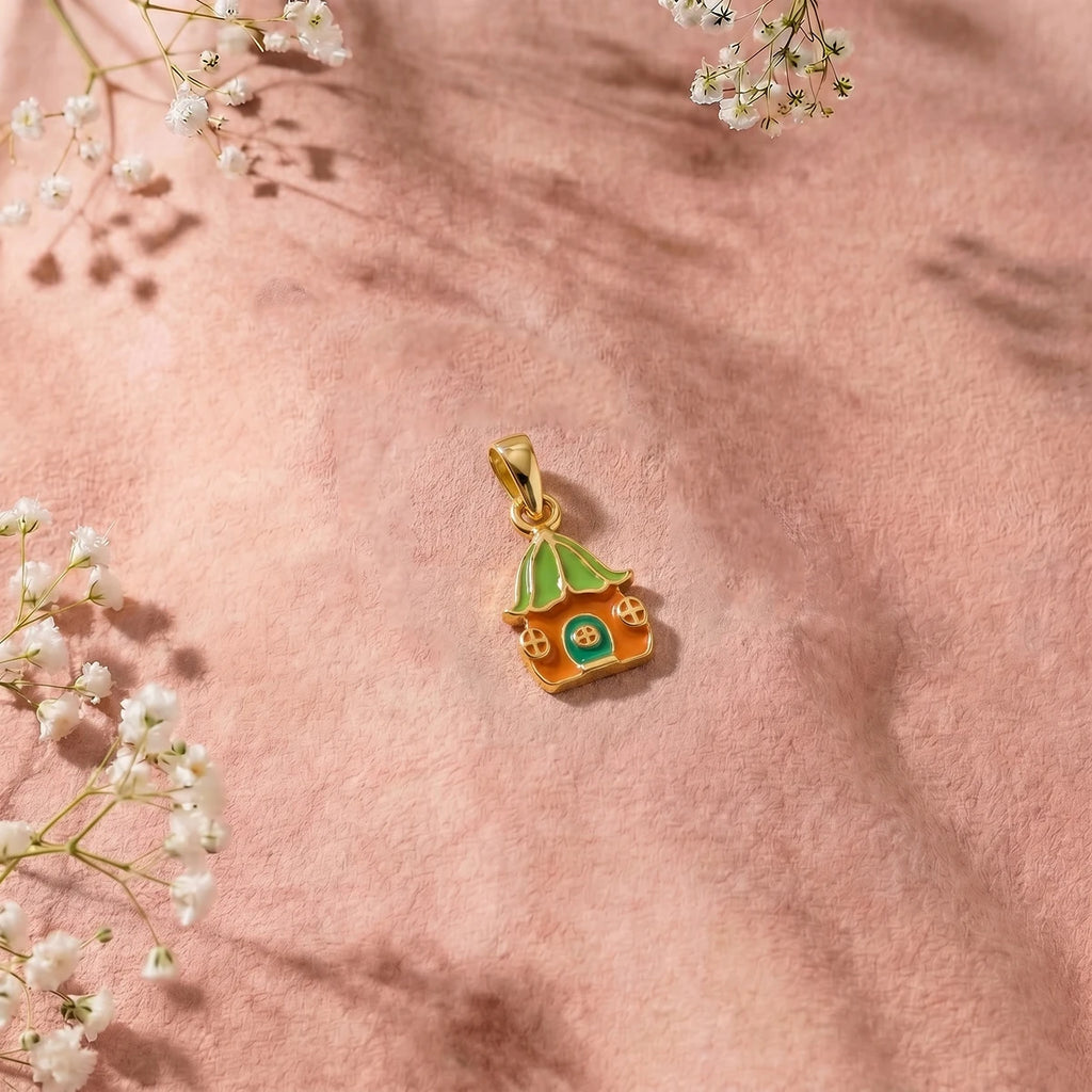 Enchanted Cottage Gold Pendant | Tinyfacets | enamel cottage jewelry pendant