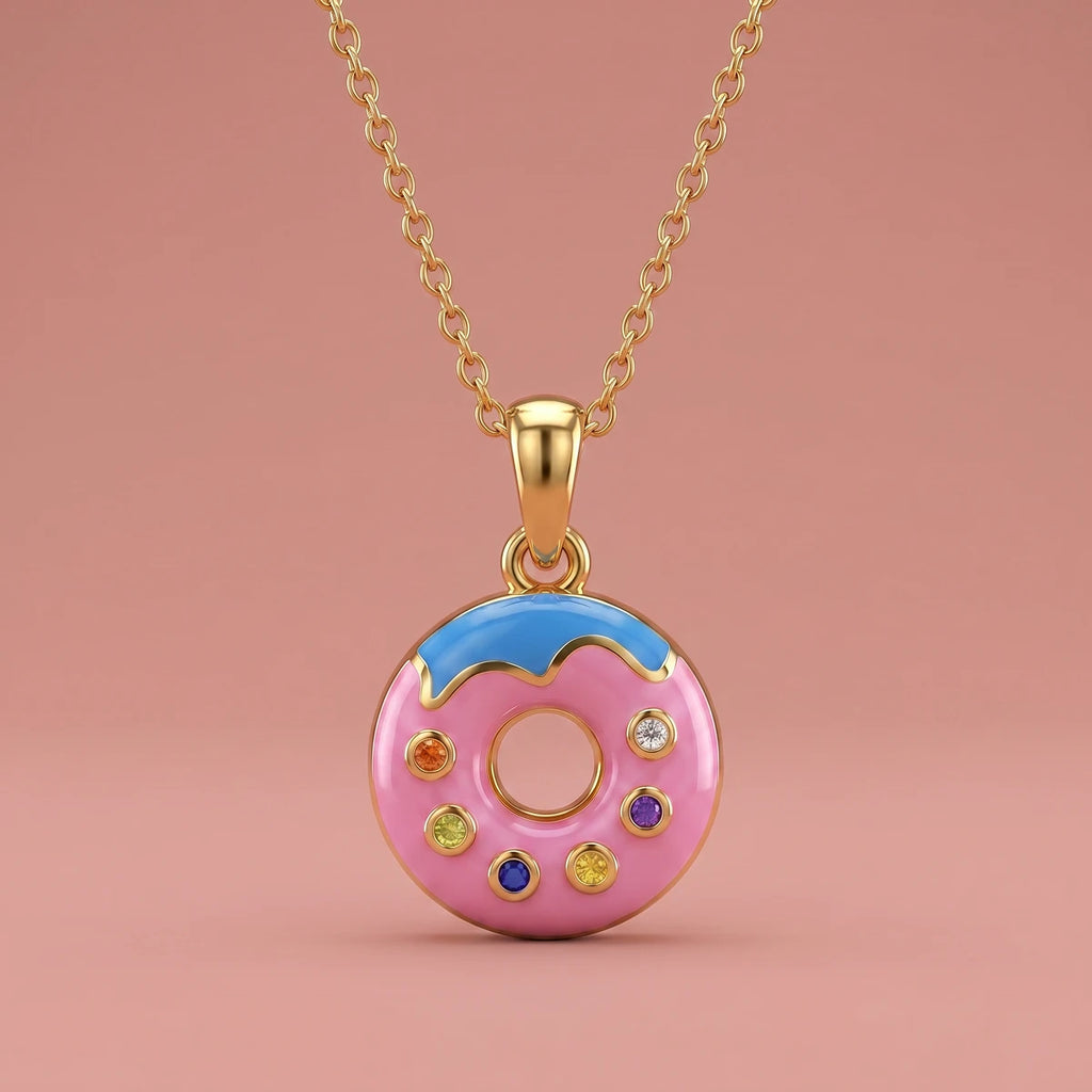 Sprinkle Donut Delight Gold Pendant | Tinyfacets | dessert charm necklace gold donut