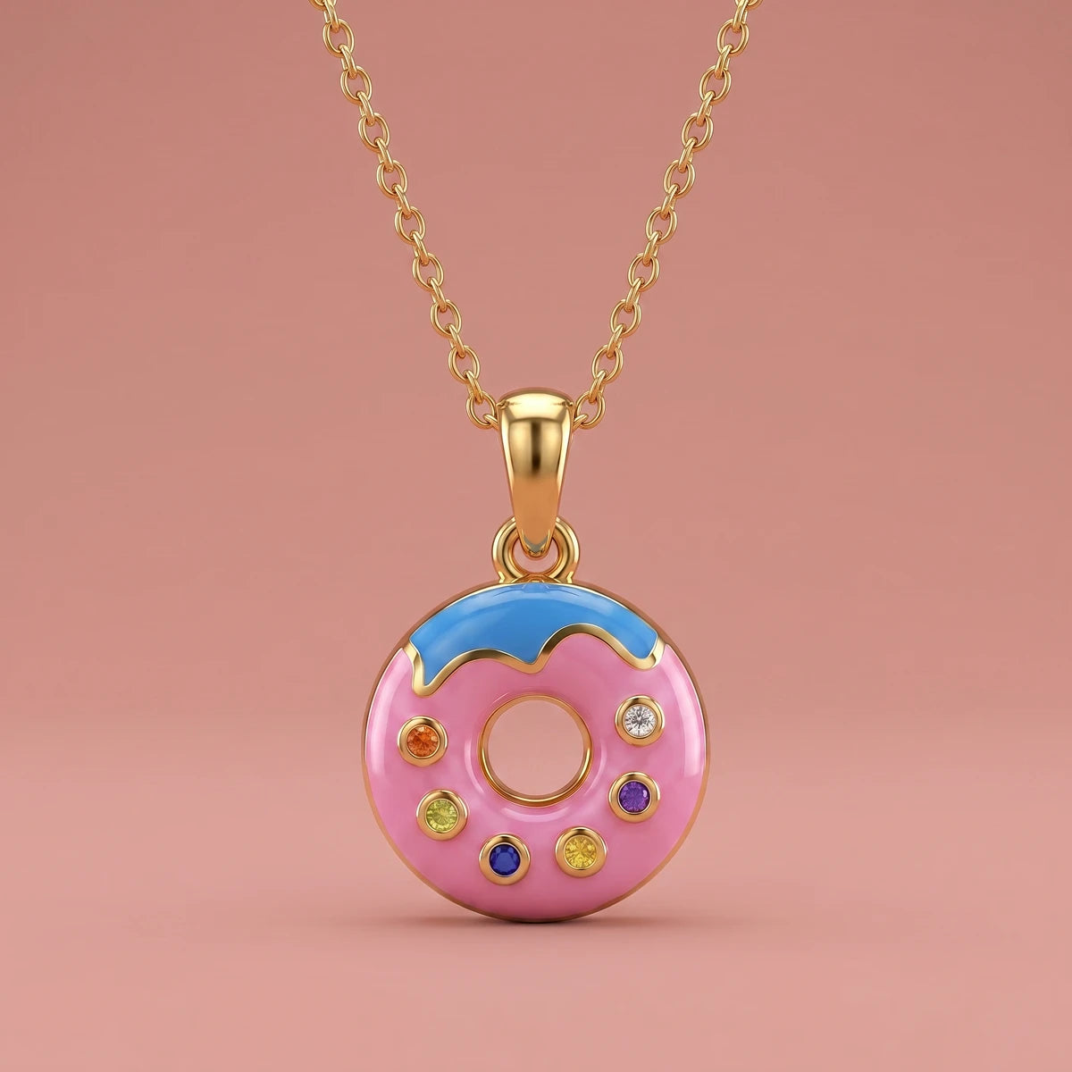 Sprinkle Donut Delight Gold Pendant | Tinyfacets | dessert charm necklace gold donut