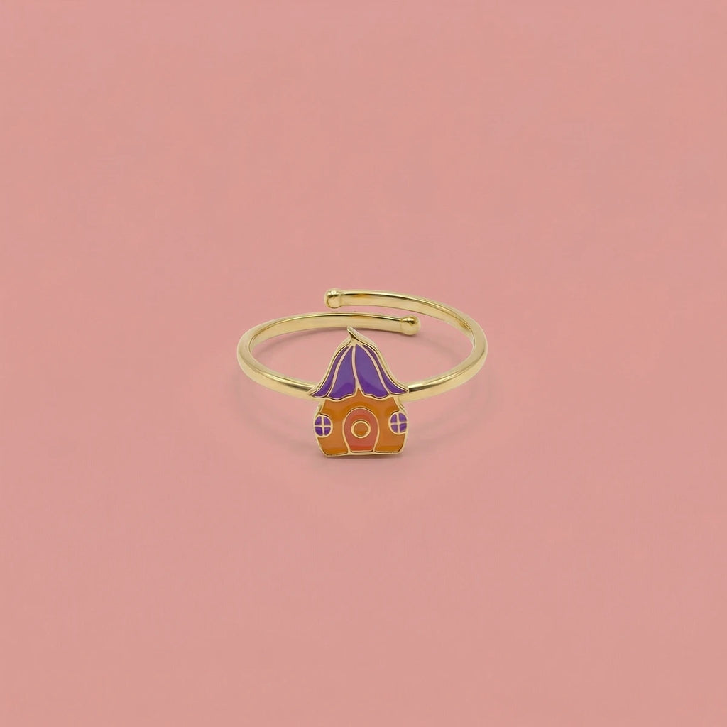 Magical Mushroom Cottage Gold Ring | Tinyfacets | cute magical mushroom cottage gold ring design