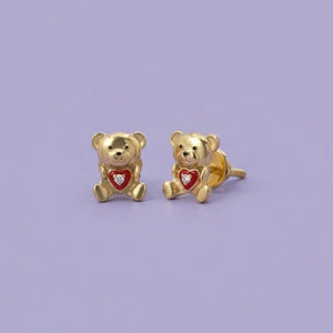 Gold Studs with Little Bear and Diamond Heart